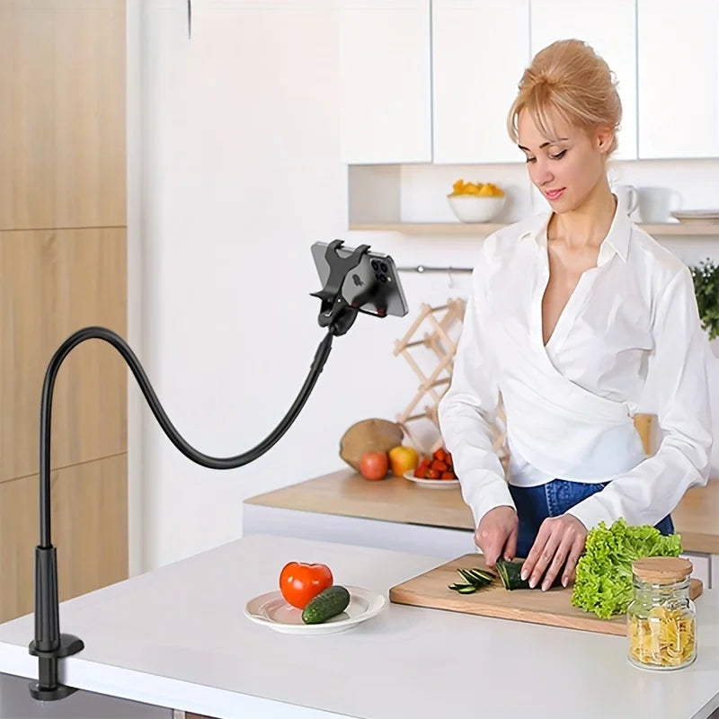 Flexible Long Arm Gooseneck Lazy, Cell Phone Clip on Stand Holder with Grip, Bracket Mount Clamp for iPhone