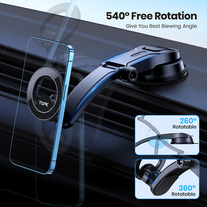 Single-Hand Operation Magnetic Car Phone Mount, Adjustable Horizontally & Vertically, Compatible with Magsafe