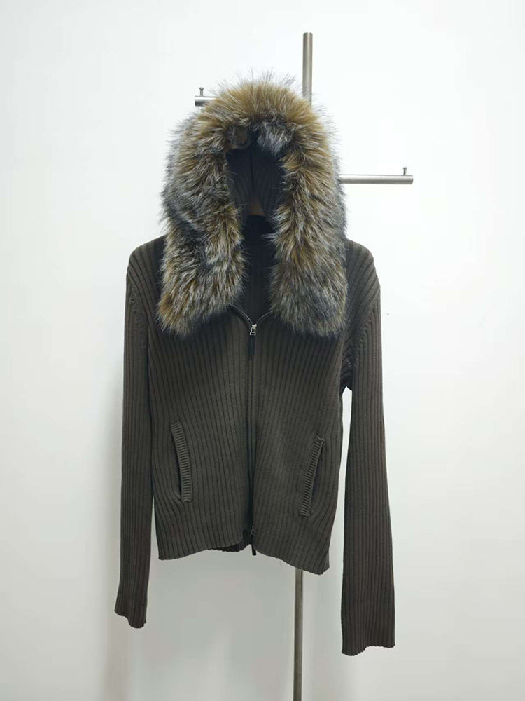 Women's Oversized Knit Jacket, Hooded Fur Collar, Military Green, Versatile Winter Sweater, 2025 New Style
