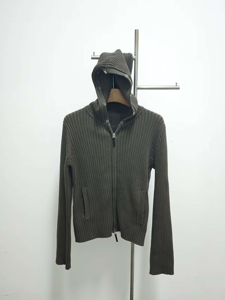 Women's Oversized Knit Jacket, Hooded Fur Collar, Military Green, Versatile Winter Sweater, 2025 New Style