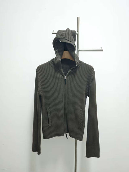 Women's Oversized Knit Jacket, Hooded Fur Collar, Military Green, Versatile Winter Sweater, 2025 New Style
