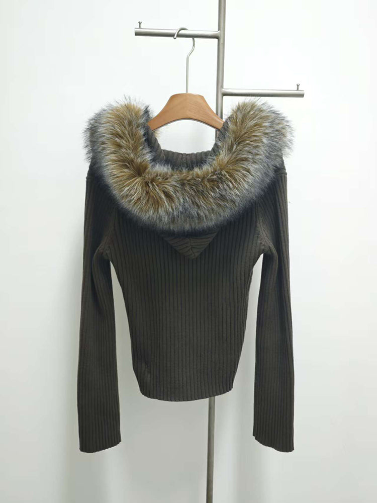 Women's Oversized Knit Jacket, Hooded Fur Collar, Military Green, Versatile Winter Sweater, 2025 New Style