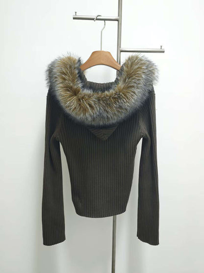 Women's Oversized Knit Jacket, Hooded Fur Collar, Military Green, Versatile Winter Sweater, 2025 New Style