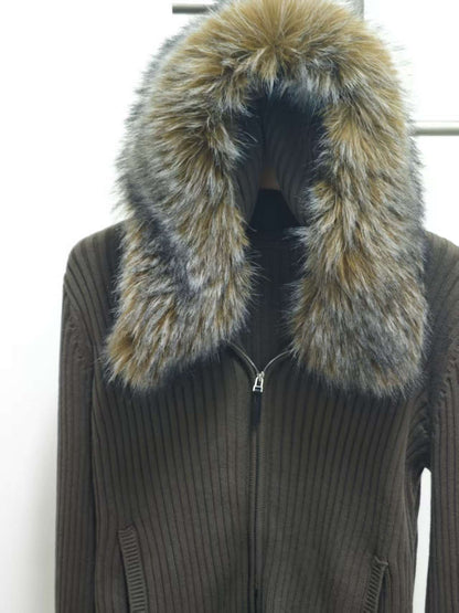 Women's Oversized Knit Jacket, Hooded Fur Collar, Military Green, Versatile Winter Sweater, 2025 New Style