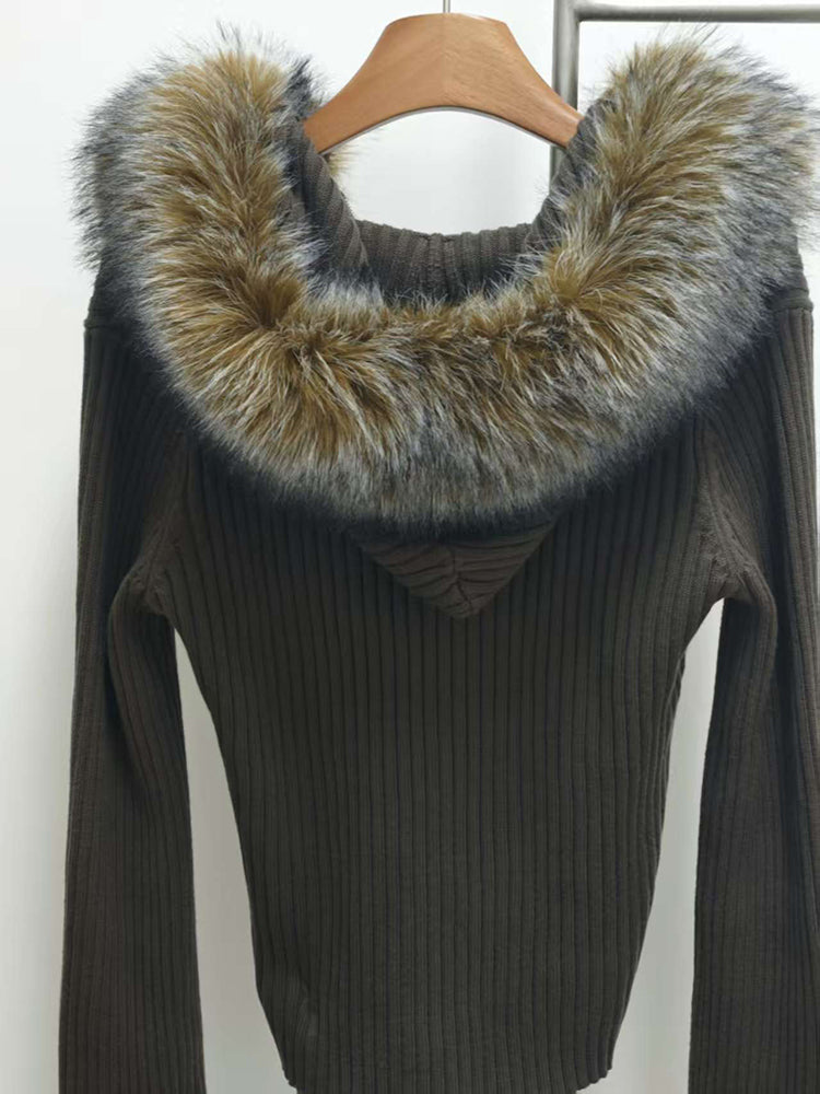 Women's Oversized Knit Jacket, Hooded Fur Collar, Military Green, Versatile Winter Sweater, 2025 New Style