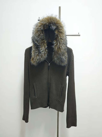 Women's Oversized Knit Jacket, Hooded Fur Collar, Military Green, Versatile Winter Sweater, 2025 New Style