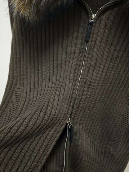 Women's Oversized Knit Jacket, Hooded Fur Collar, Military Green, Versatile Winter Sweater, 2025 New Style