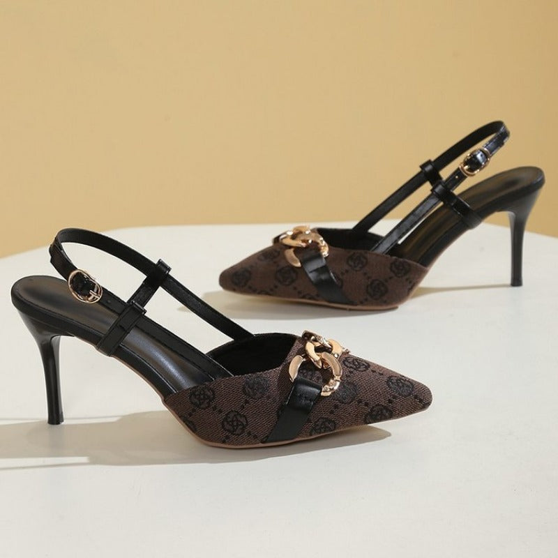 Elegant Womens Baotou Sandals for Spring, Pointed Head, Shallow Mouth High Heels with Metal Buckle, Anti-Slip