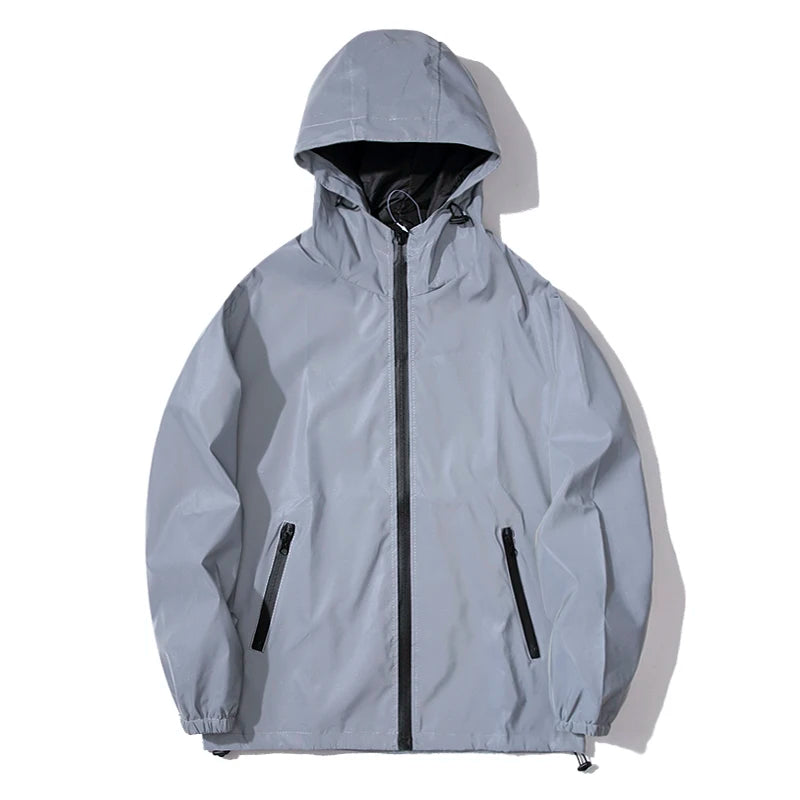 Men's Night Reflective Jacket, Windbreaker Hooded Jacket, Waterproof Zipper Coat, Double Fabric, Hip Hop Dancer Outwear