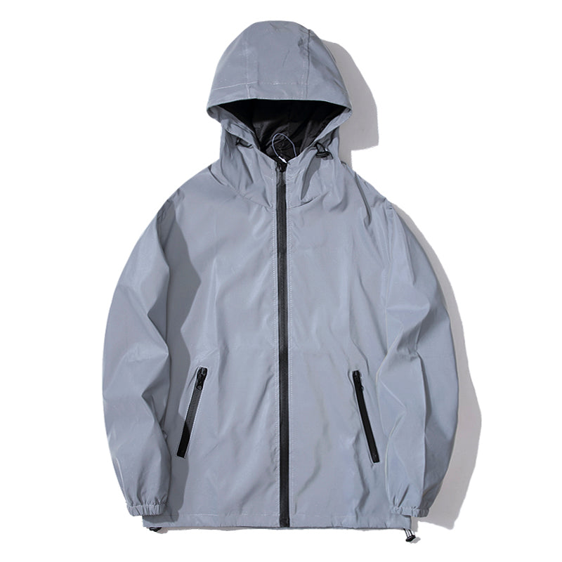 Mens Night Reflective Jacket Windbreaker Hooded Jacket Waterproof Zipper Coat Double Fabric Hip Hop 3
