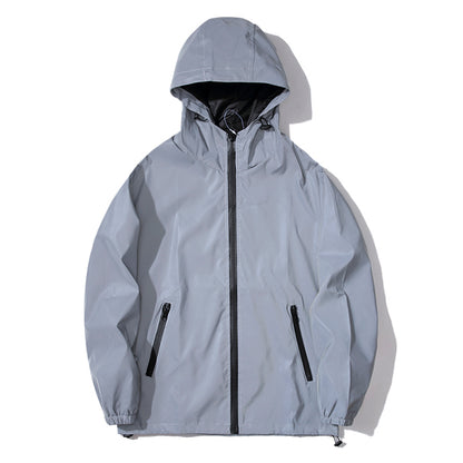 Mens Night Reflective Jacket Windbreaker Hooded Jacket Waterproof Zipper Coat Double Fabric Hip Hop 3