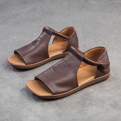 Handmade Retro Cowhide Flat Sandals Rome Style Womens Casual Shoes Fish Mouth Leather Sandals With  7