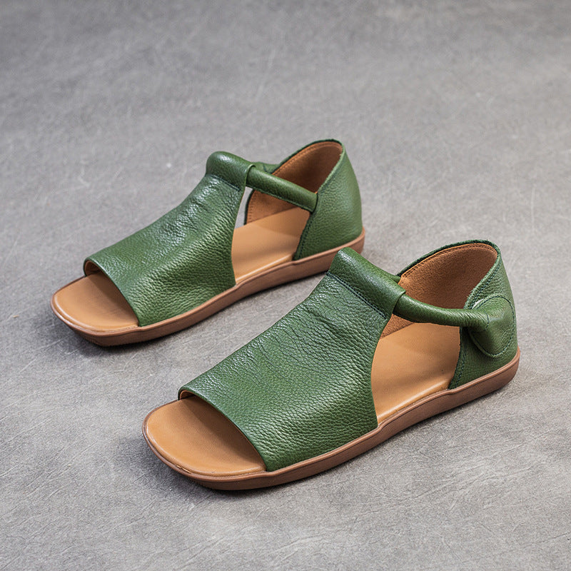 Handmade Retro Cowhide Flat Sandals Rome Style Womens Casual Shoes Fish Mouth Leather Sandals With  8