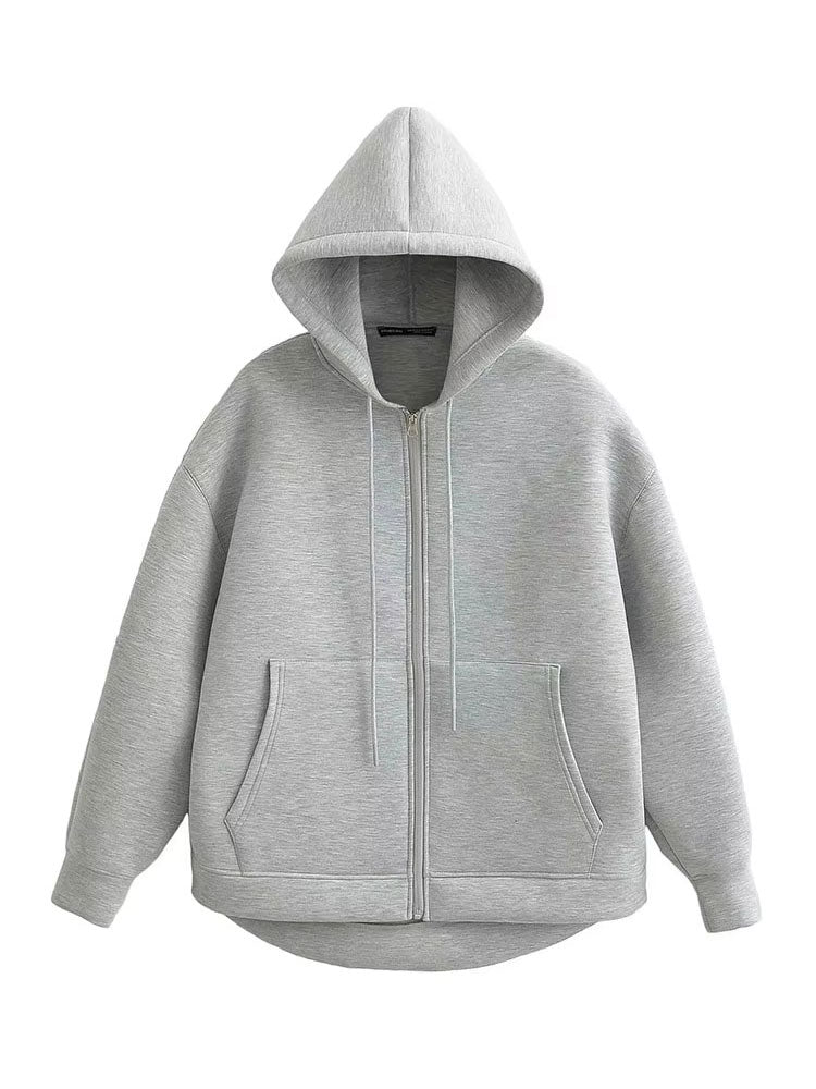 Women's Autumn Casual Jacket, Loose Fit Hooded Coat, Gray Long Sleeve Zipper Outerwear with Big Pockets