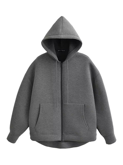 Women's Autumn Casual Jacket, Loose Fit Hooded Coat, Gray Long Sleeve Zipper Outerwear with Big Pockets