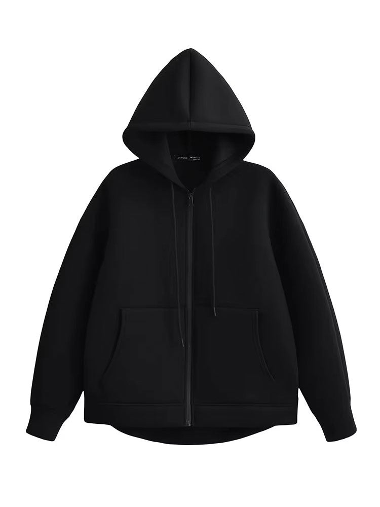 Women's Autumn Casual Jacket, Loose Fit Hooded Coat, Gray Long Sleeve Zipper Outerwear with Big Pockets