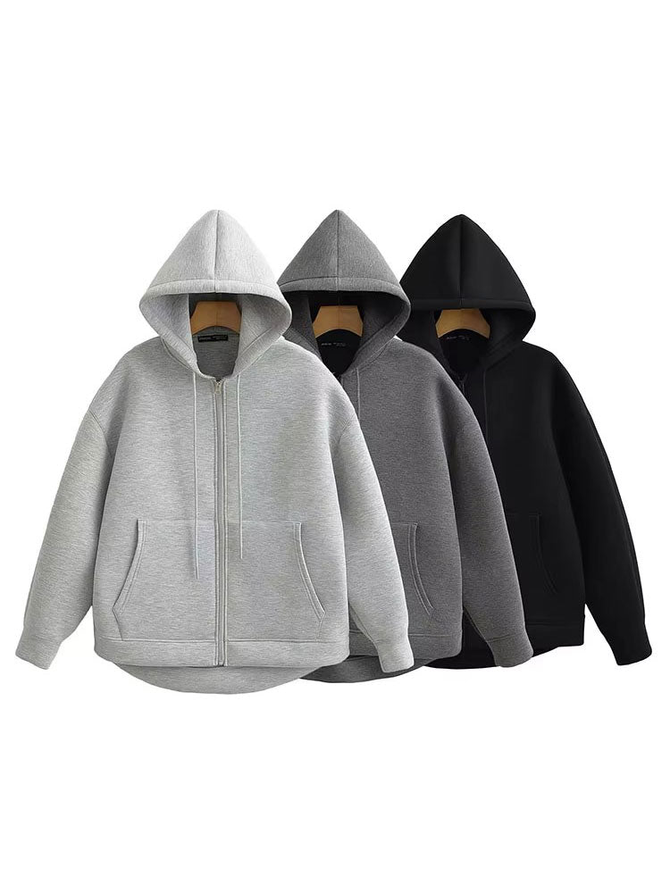 Women's Autumn Casual Jacket, Loose Fit Hooded Coat, Gray Long Sleeve Zipper Outerwear with Big Pockets