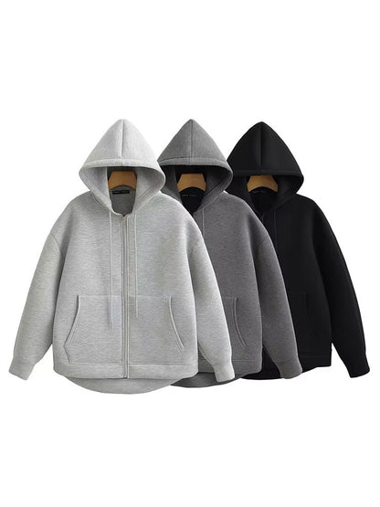 Women's Autumn Casual Jacket, Loose Fit Hooded Coat, Gray Long Sleeve Zipper Outerwear with Big Pockets