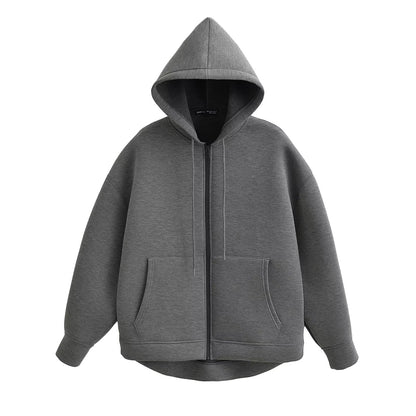 Women's Autumn Casual Jacket, Loose Fit Hooded Coat, Gray Long Sleeve Zipper Outerwear with Big Pockets