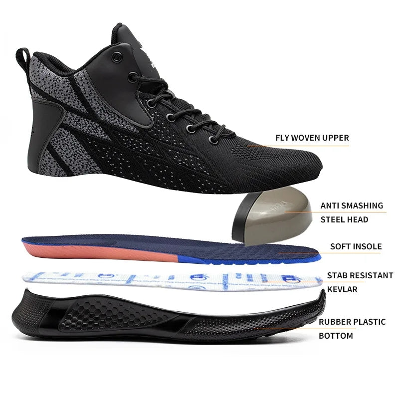 Steel Toe Work Shoes,Indestructible Man Safety Boots,High Top Anti Smash Safety Shoe for Construction &Winter Protection