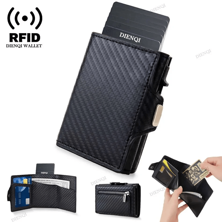 Slim RFID Leather Wallet for Men Pop Up Credit Card Holder with Coin Pocket