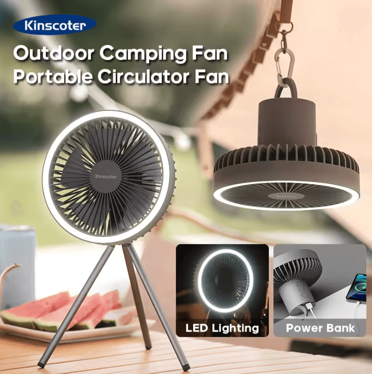 Rechargeable Camping Fan with LED Light and Power Bank Portable Desk and Ceiling Fan