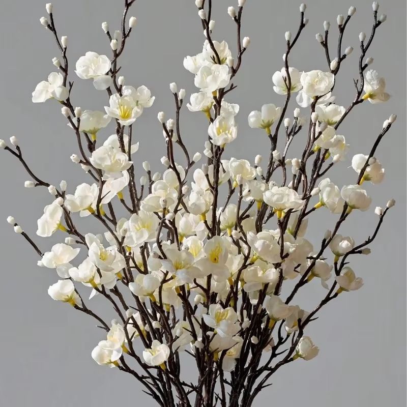 Elegant Artificial Plum Blossom Branch – 21.65inch Faux White Wintersweet Stem for Home & Office Decor