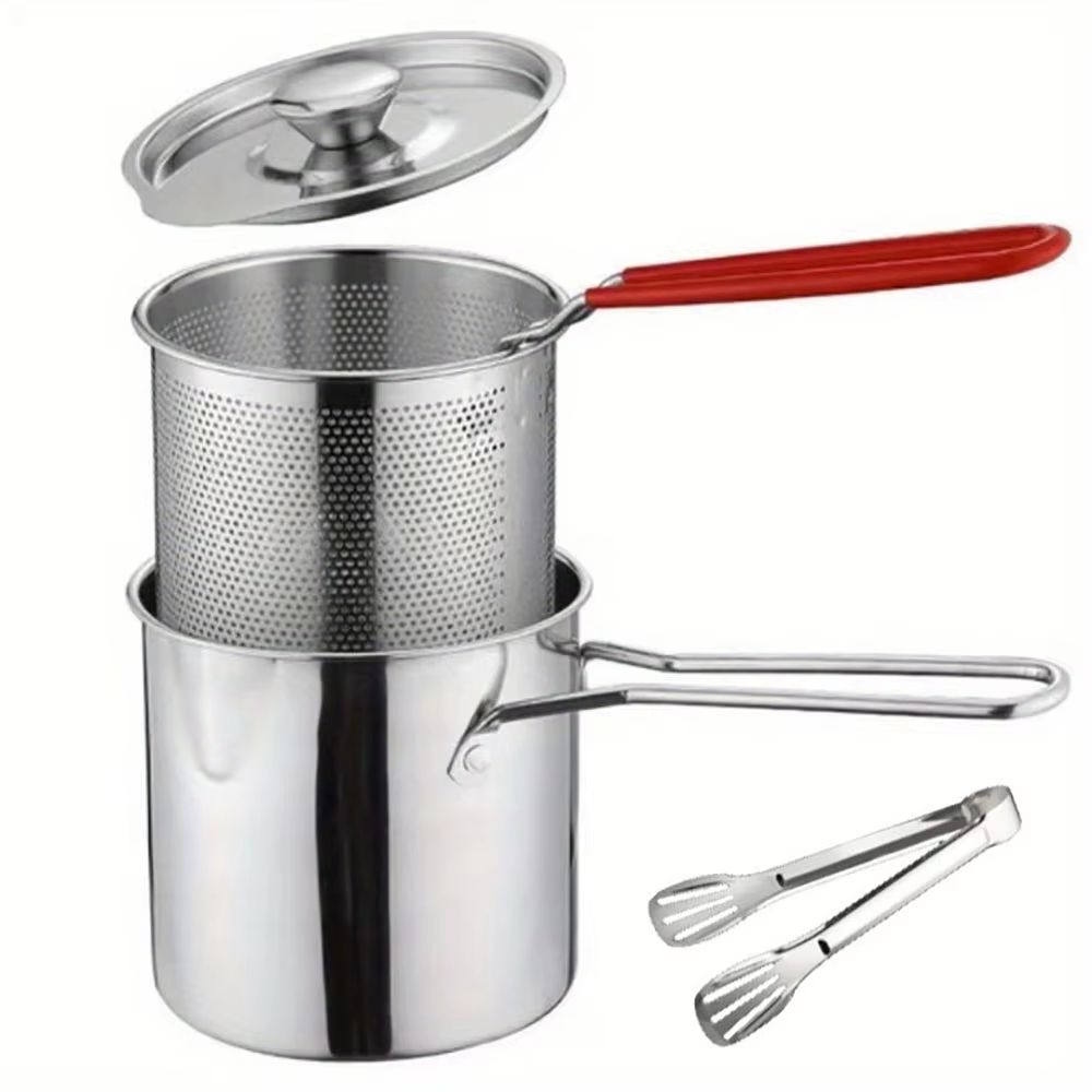 4-Piece Stainless Steel Tempura Fryer Pot Set – Small Deep Frying Pan with Basket & Lid for Kitchen Cooking