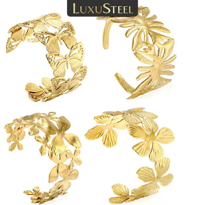 LUXUSTEEL Flower Cuff Bracelet – Women's 18K Gold Plated Stainless Steel Bangle, No-Fade Elegant Jewelry
