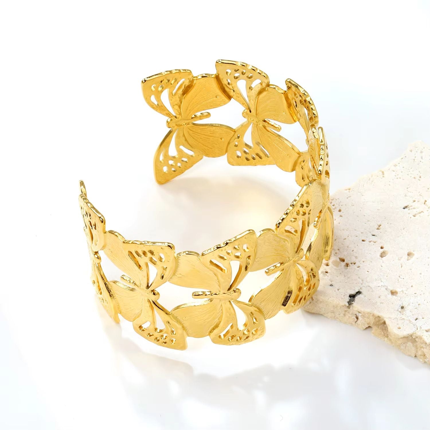 LUXUSTEEL Flower Cuff Bracelet  Womens 18K Gold Plated Stainless Steel Bangle NoFade Elegant Jewelr 3
