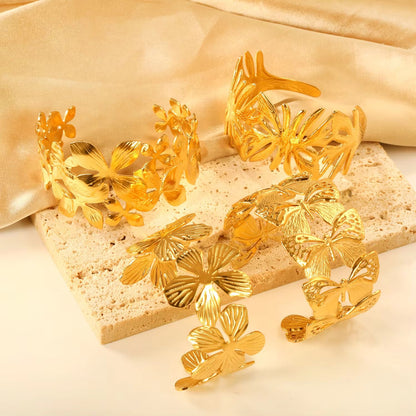 LUXUSTEEL Flower Cuff Bracelet  Womens 18K Gold Plated Stainless Steel Bangle NoFade Elegant Jewelr 5