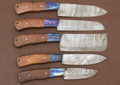 Handmade Damascus Kitchen 5 Chef Knives Set with Rose Wood Handle