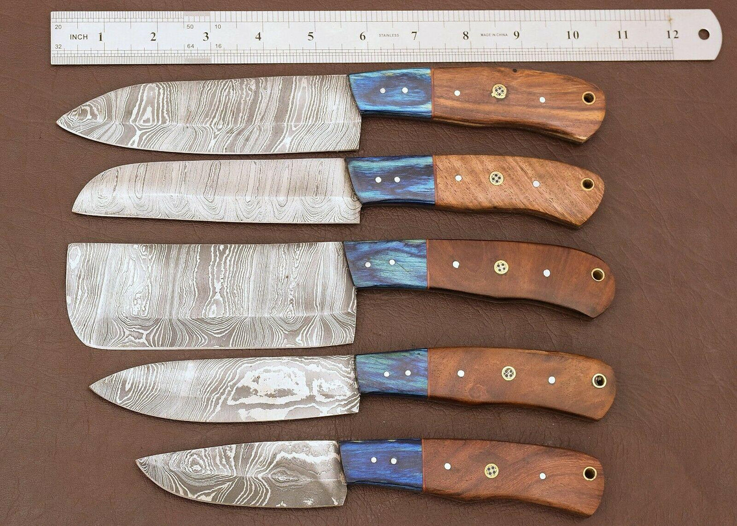 Handmade Damascus Kitchen 5 Chef Knives Set With Rose Wood Handle 2