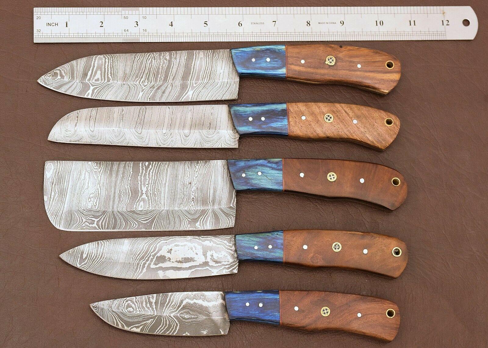 Handmade Damascus Kitchen 5 Chef Knives Set With Rose Wood Handle 2