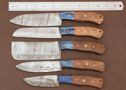 Handmade Damascus Kitchen 5 Chef Knives Set With Rose Wood Handle 2