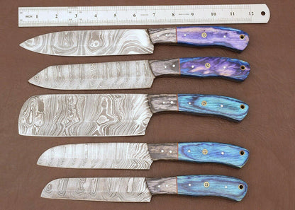 Luxury Handmade Damascus 5 Chef Knife Kitchen Set with Pakka Wood Handle