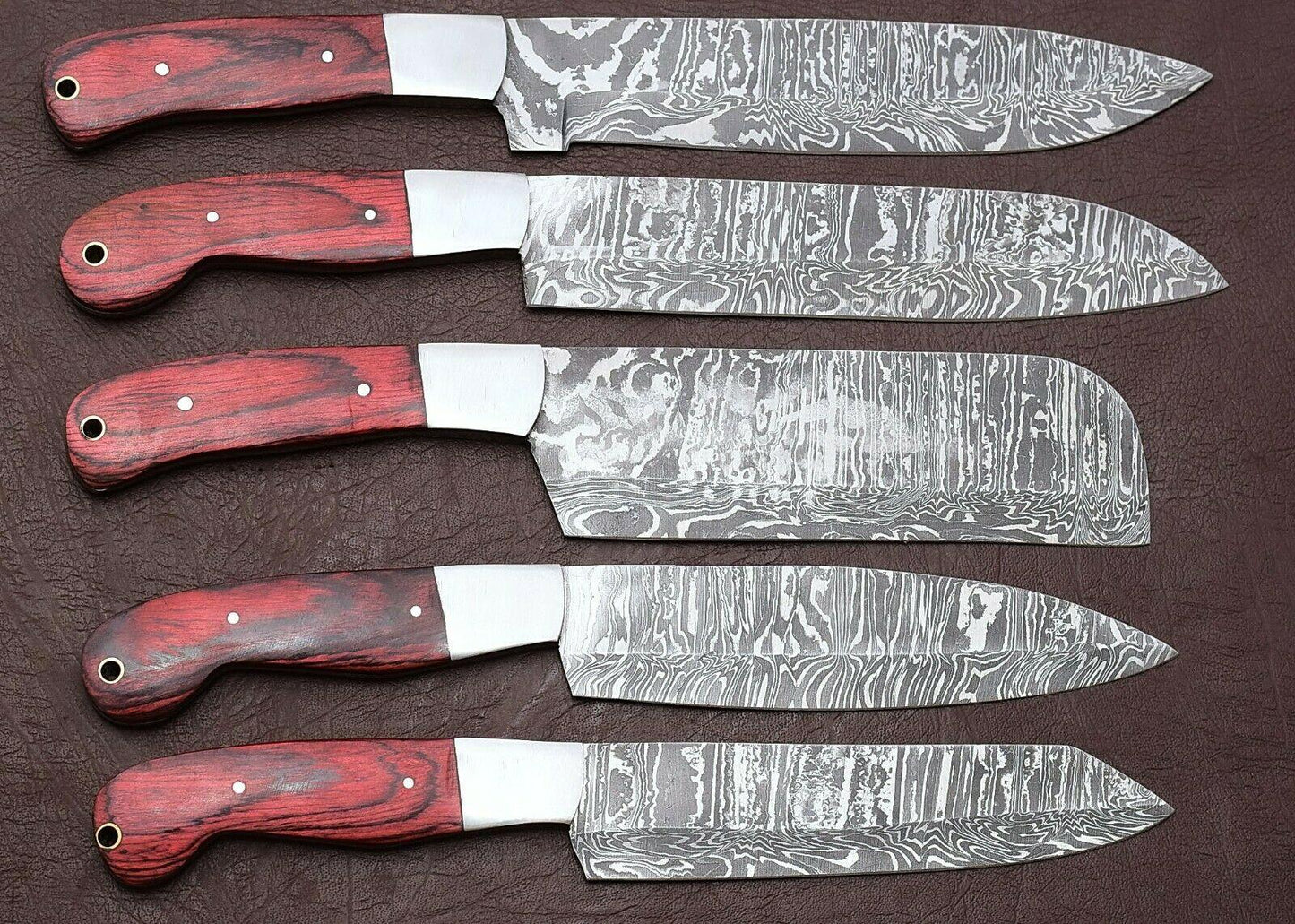 Artisan Damascus Steel Chef Knife Set of 5 – Pakka Wood Kitchen Knives