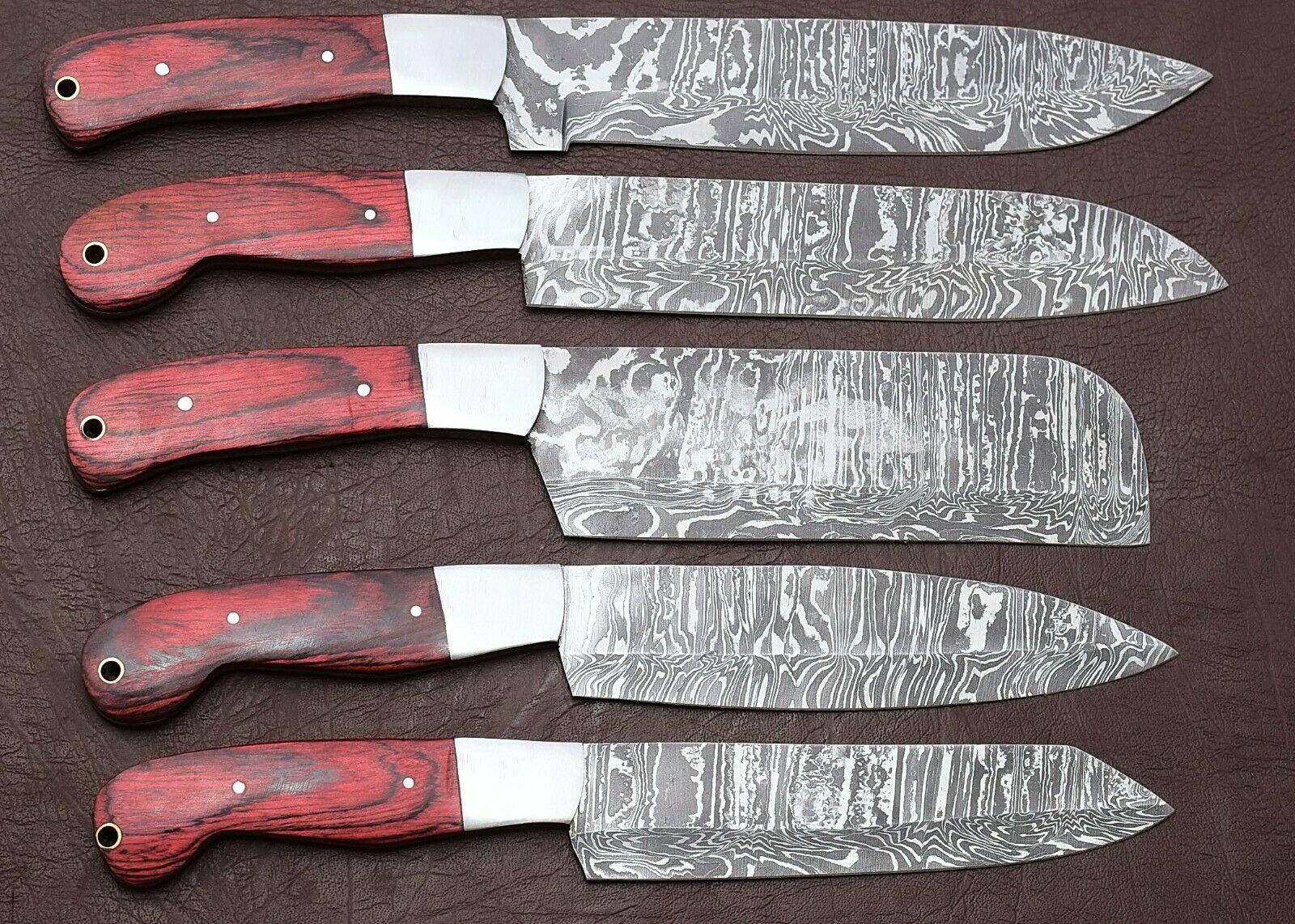 Artisan Damascus Steel Chef Knife Set of 5 – Pakka Wood Kitchen Knives