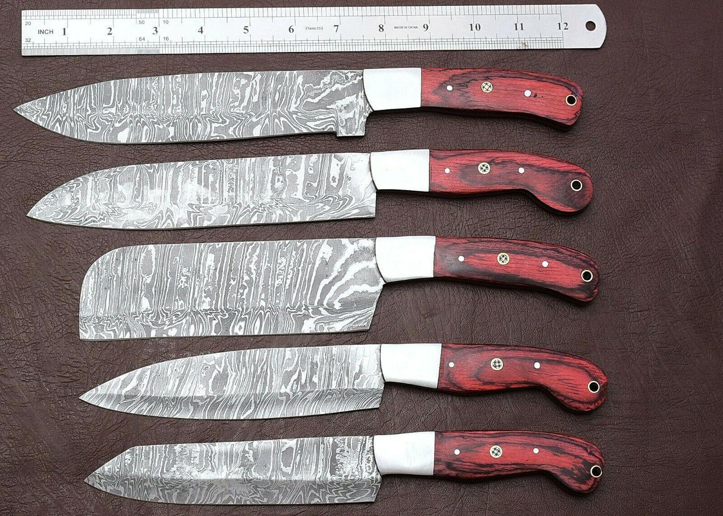 Artisan Damascus Steel Chef Knife Set Of 5  Pakka Wood Kitchen Knives 2