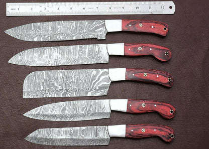 Artisan Damascus Steel Chef Knife Set Of 5  Pakka Wood Kitchen Knives 2