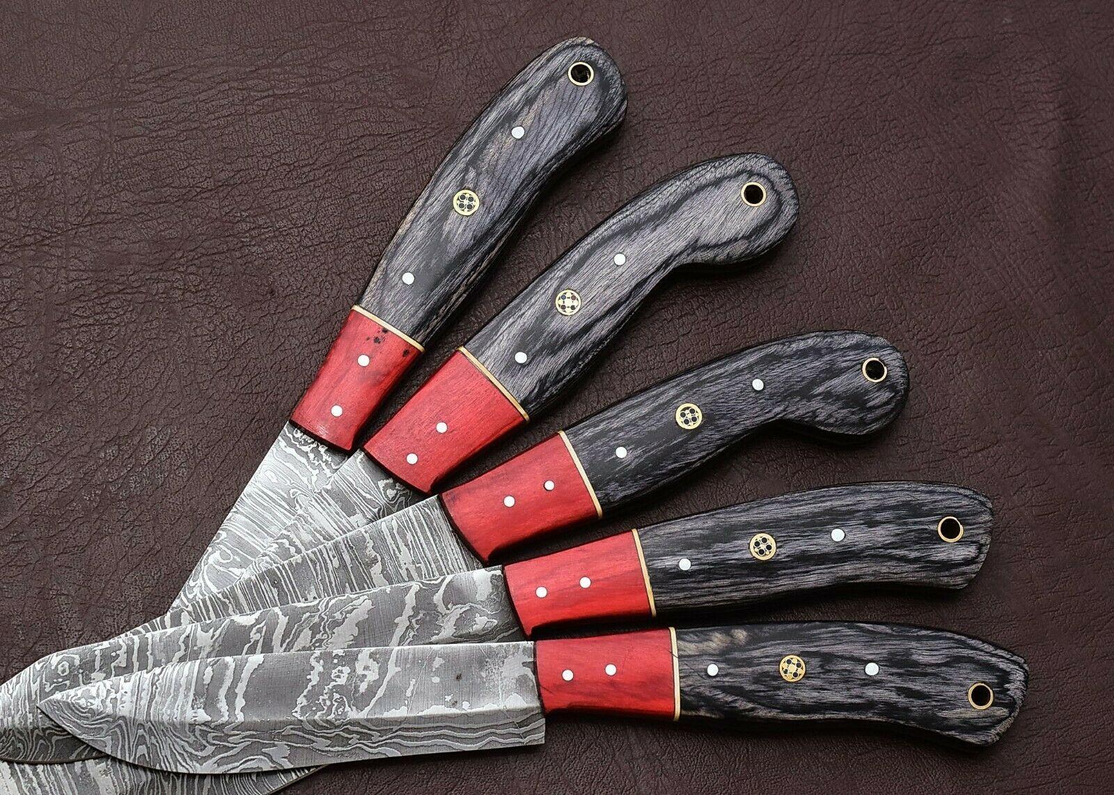 Custom Forged Damascus 5 Pc Chef Knife Set With Elegant Pakka Wood Handle 3
