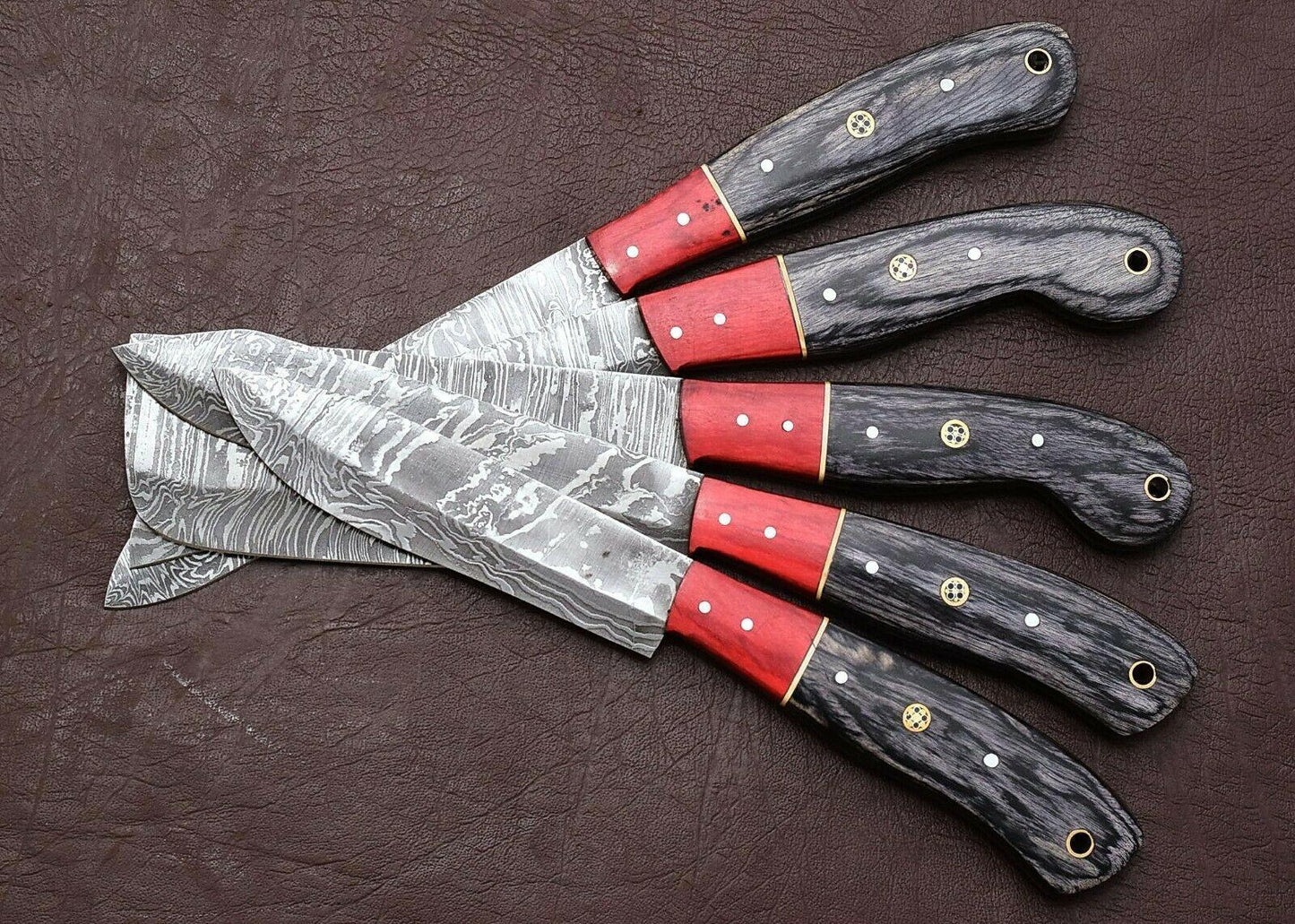 Custom Forged Damascus 5 Pc Chef Knife Set With Elegant Pakka Wood Handle 2