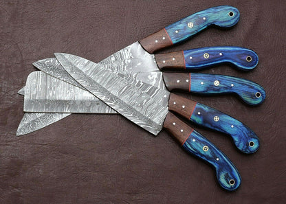 Professional Handmade Damascus Kitchen Knife Set  5 Pcs With Pakka Wood 1