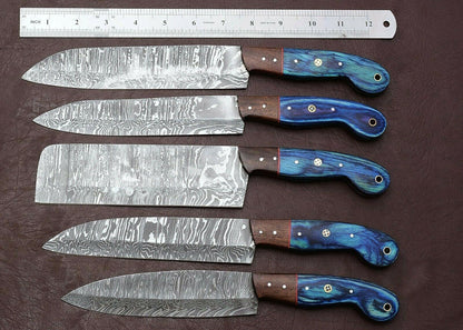 Professional Handmade Damascus Kitchen Knife Set – 5 Pcs with Pakka Wood