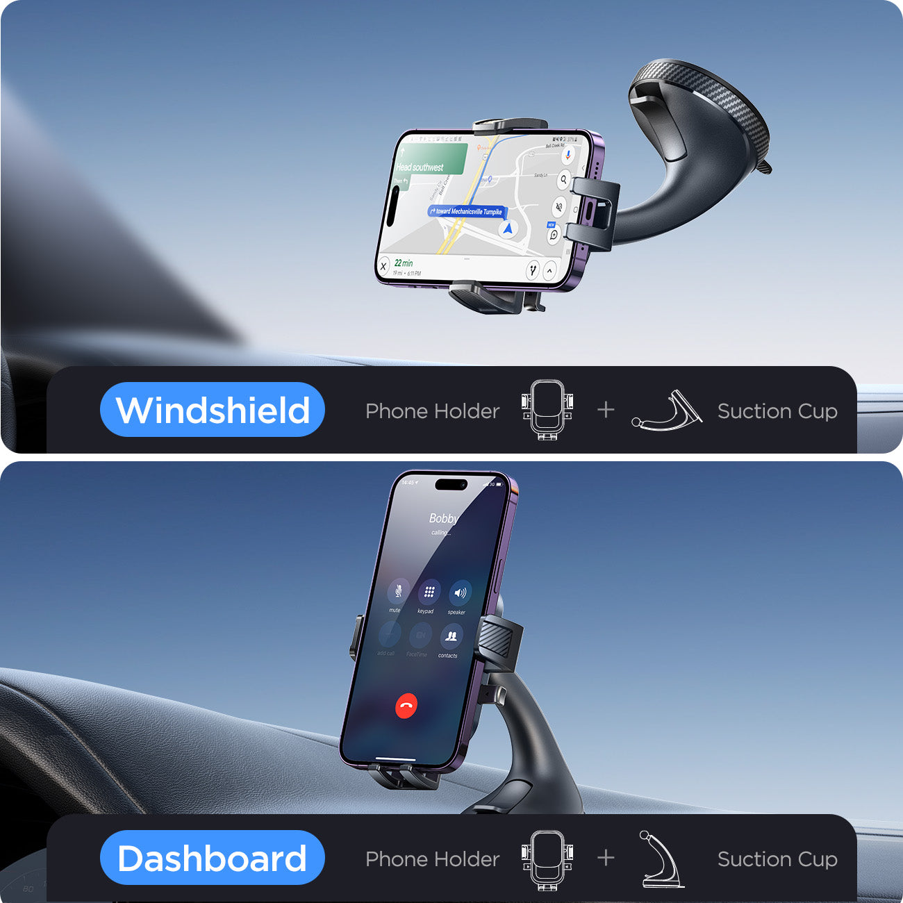 Hands-Free Cell Phone Mount, Universal Phone Holder for Car, Strong Suction, 360 Rotating Dashboard Windshield