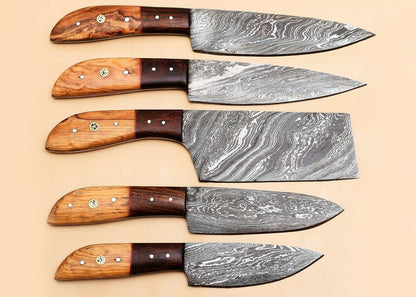 Unique Handmade Damascus Steel Kitchen Knives Set Of 5 With Pakka Wood 1