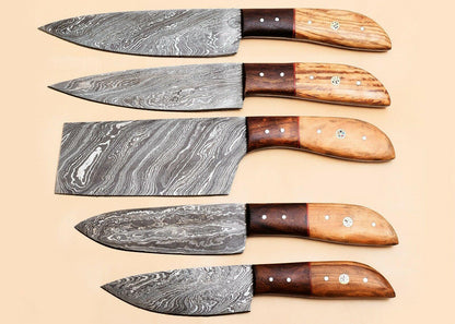 Unique Handmade Damascus Steel Kitchen Knives Set of 5 with Pakka Wood