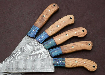 5 Piece Handmade Damascus Chef Knife Set With Pakka Wood Handle 3
