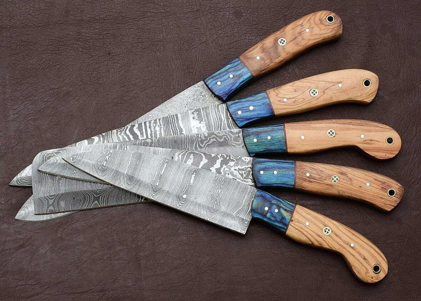 5 Piece Handmade Damascus Chef Knife Set With Pakka Wood Handle 1