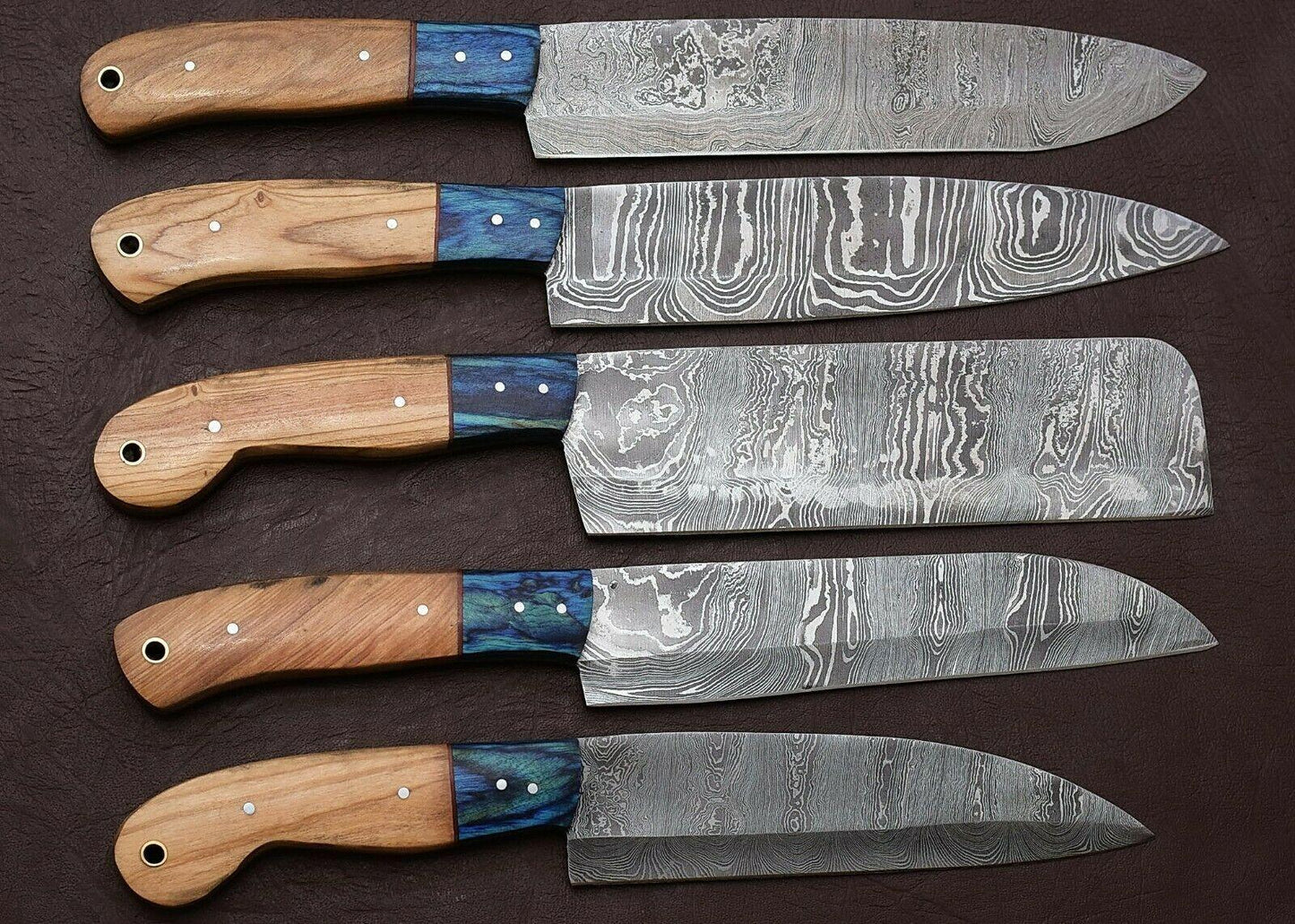5 Piece Handmade Damascus Chef Knife Set with Pakka Wood Handle